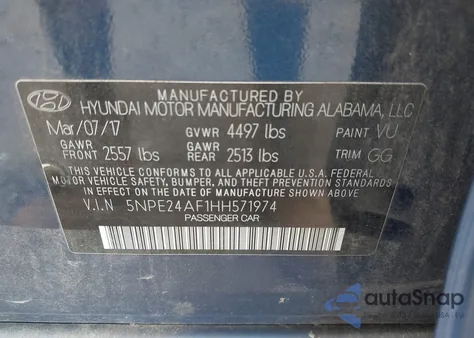 2017 Hyundai Sonata Se из США, поврежденный, VIN 5NPE24AF1HH571974